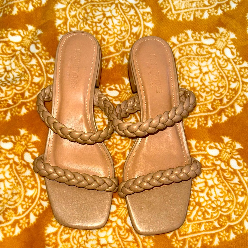 Cushionaire Nestar Memory Foam Braided Tan Small Heel Sandals - 7.5